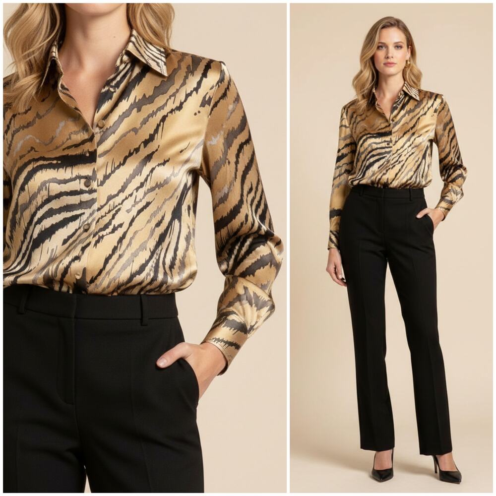 ST. John Women's Silk Tiger Print Blouse Long Sleeve size 4